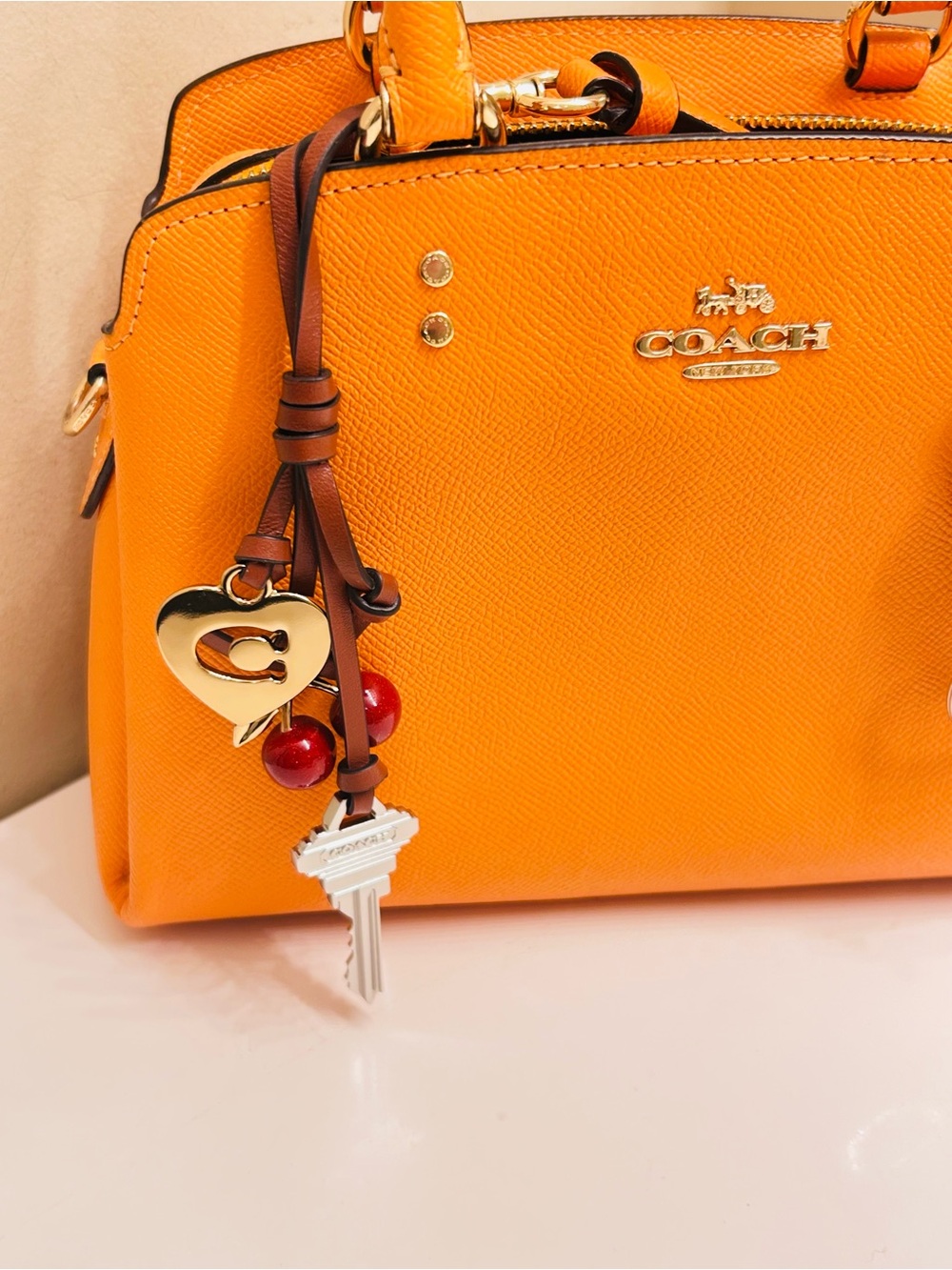 NWOT Coach Love Denim Cherry/Heart/ Key Genuine Leather Bag Charm - Picture 4 of 11